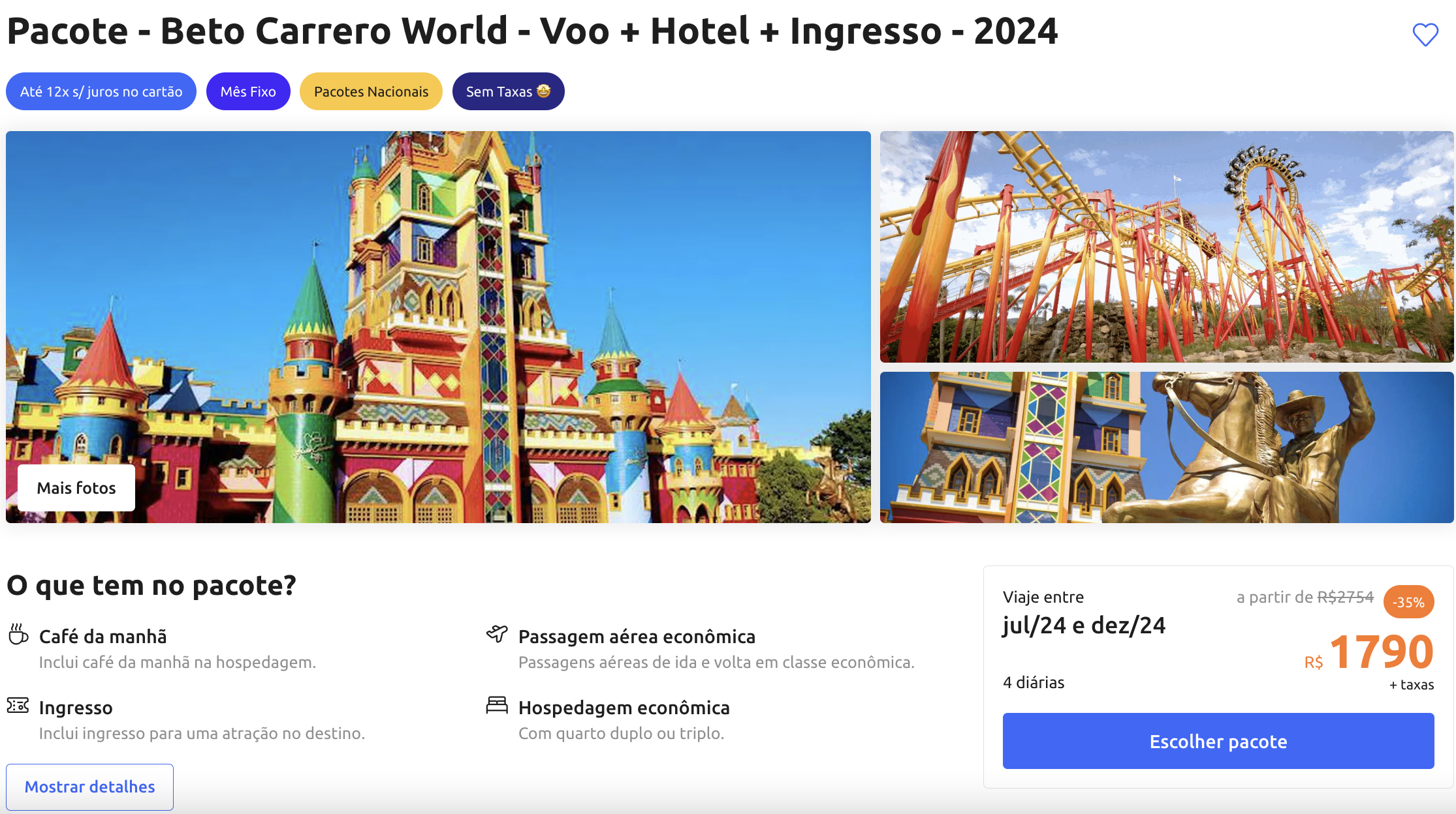 Promoção de pacote de viagem para o Beto Carrero World em 2024, incluindo voo, hotel e ingresso, com imagens coloridas do parque temático e montanha-russa.