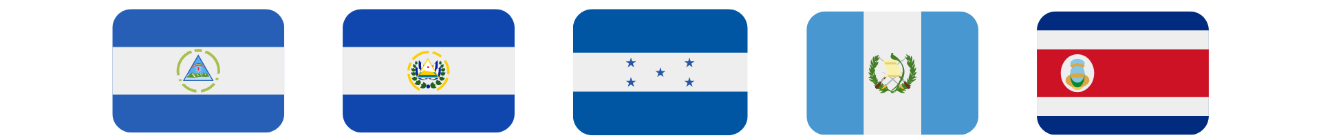 Bandeiras de Guatemala, El Salvador, Honduras, Nicarágua e Costa Rica, compartilhando cores e herança histórica.