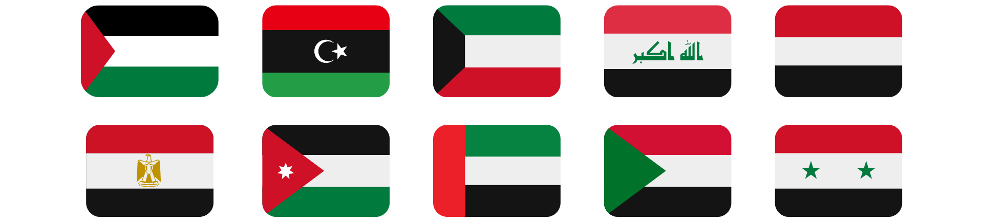  Bandeiras de países árabes que adotaram as cores do Pan-arabismo: Egito, Iraque, Jordânia, Kuwait, Síria, Sudão, Iêmen, Emirados Árabes Unidos, Palestina e Líbia.