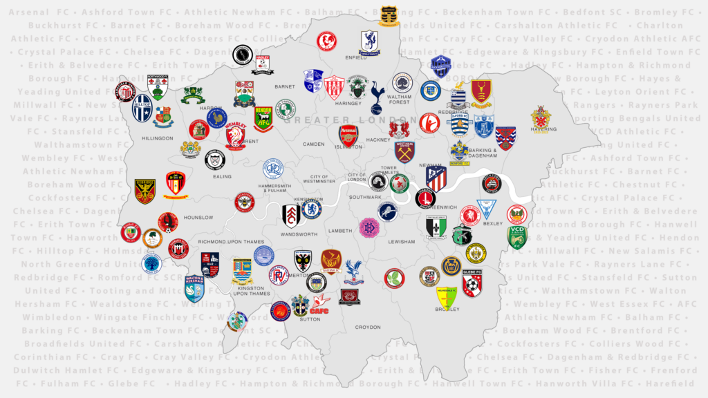 Mapa de Londres mostrando os logotipos dos principais clubes de futebol, incluindo Arsenal, Chelsea, Tottenham, entre outros.