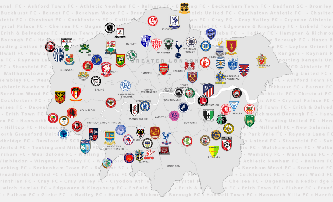 Mapa de Londres mostrando os logotipos dos principais clubes de futebol, incluindo Arsenal, Chelsea, Tottenham, entre outros.