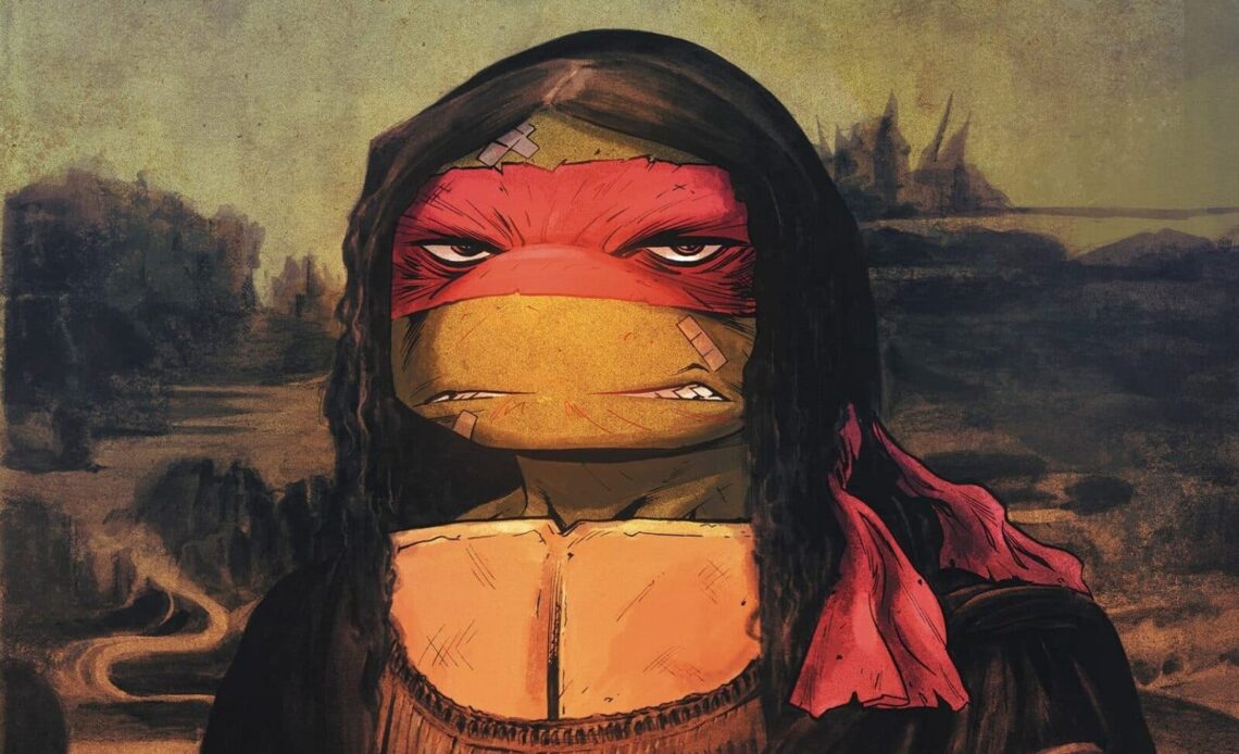 Rafael, das Tartarugas Ninja, representado como a Mona Lisa, uma obra renascentista icônica, com sua bandana vermelha e expressão séria, fundindo a cultura pop com a arte clássica.