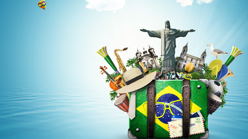 Mala verde e amarela com elementos turísticos do Brasil, incluindo o Cristo Redentor e instrumentos musicais, representando a cultura e diversidade brasileira.