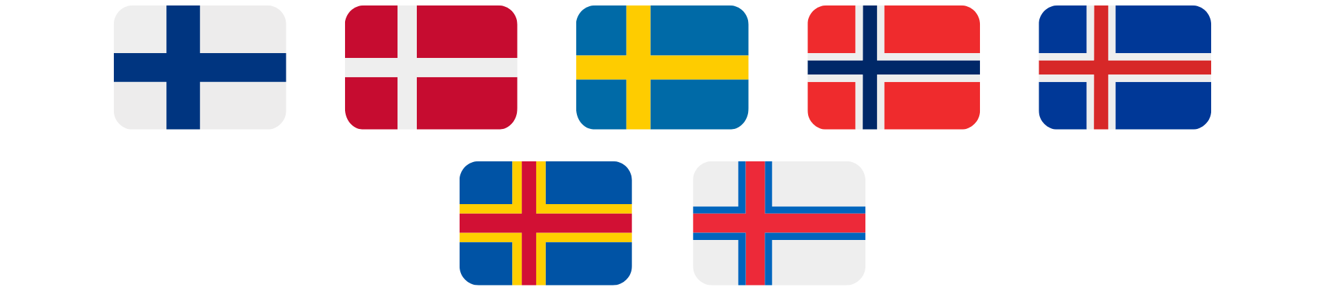 Bandeiras de países nórdicos e regiões autônomas com o design da Cruz Nórdica: Finlândia, Dinamarca, Suécia, Noruega, Islândia, Åland e Ilhas Faroé.