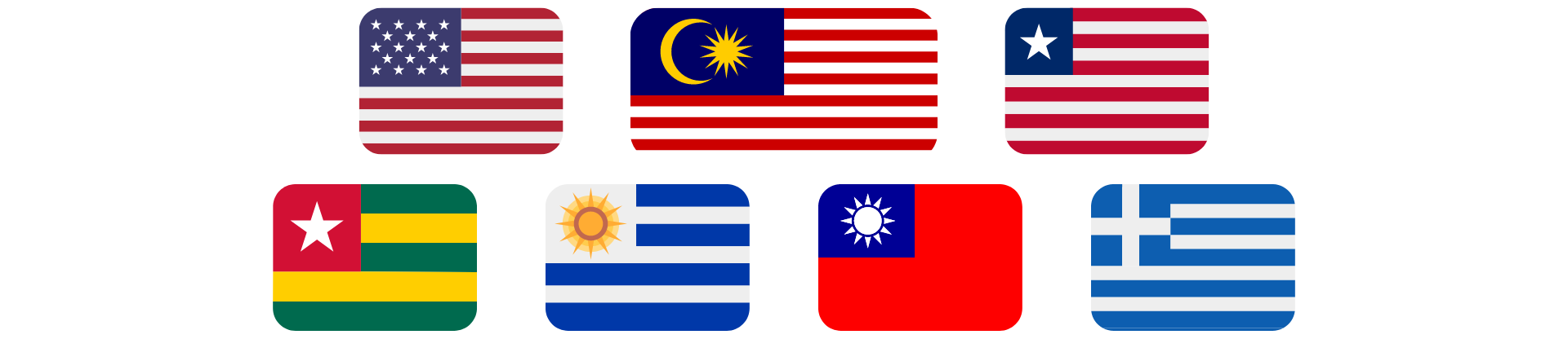 Bandeiras dos EUA, Malásia, Libéria, Togo, Uruguai, Taiwan e Grécia, que compartilham elementos visuais com a bandeira americana.