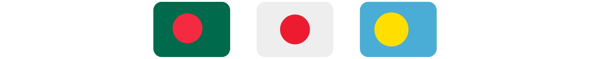 Bandeiras de Bangladesh, Japão e Palau, que compartilham elementos de design com um círculo central, mas variam em cores.