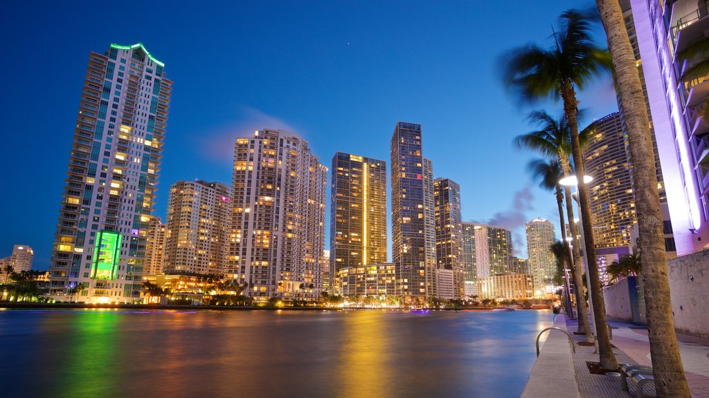 Skyline noturno em Miami, refletido na água com prédios iluminados e palmeiras ao longo da orla.