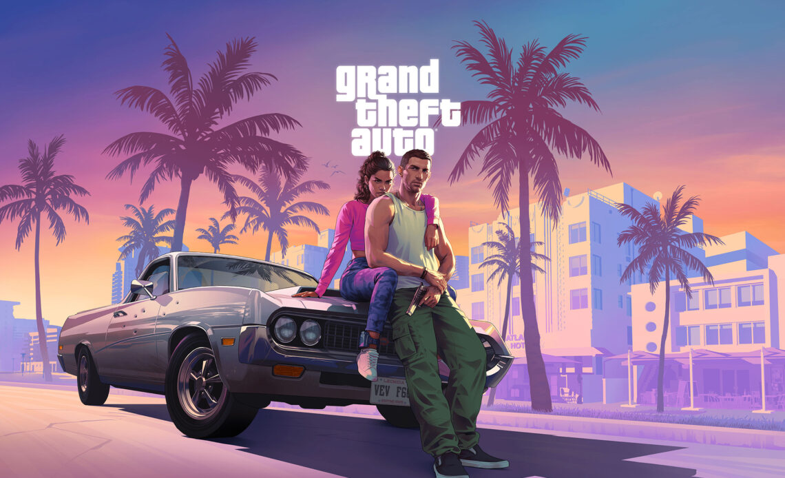 Personagens de GTA posando em frente a um carro clássico, com palmeiras e um pôr do sol vibrante ao fundo, evocando o ambiente de Vice City.