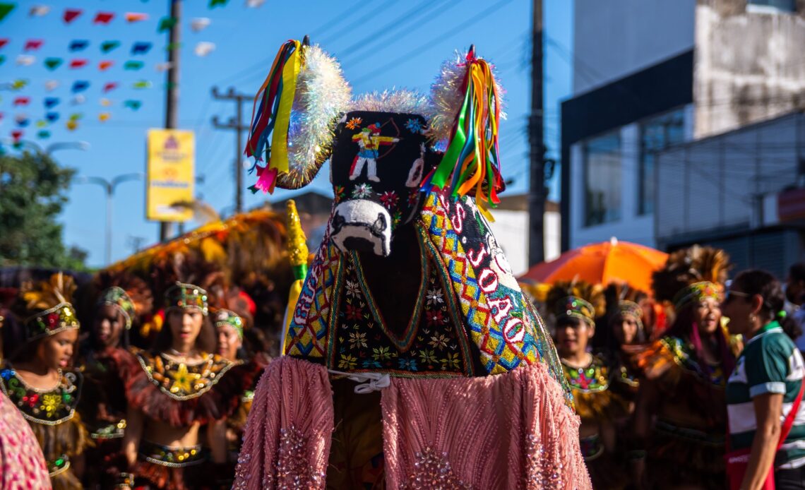 Representação folclórica do Bumba-meu-boi em uma festa popular no Brasil.