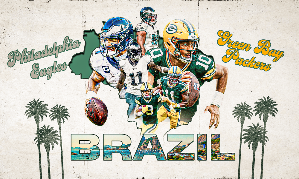 Jogadores da NFL do Philadelphia Eagles e Green Bay Packers promovem o esporte no Brasil, destacando a conexão entre futebol americano e o turismo brasileiro.