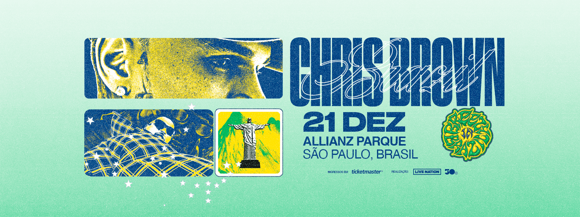 Banner promocional do show de Chris Brown no Brasil, destacando data, local e informações para compra de ingressos.