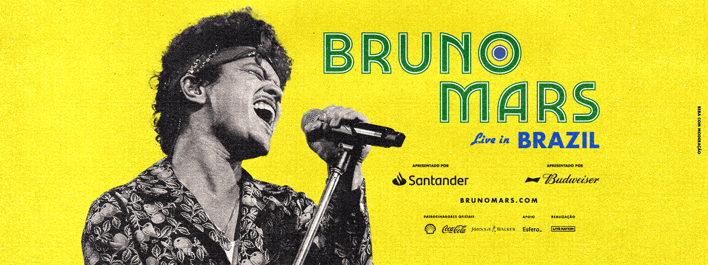 Banner promocional da turnê "Bruno Mars: Live in Brazil", destacando patrocinadores e informações do evento.