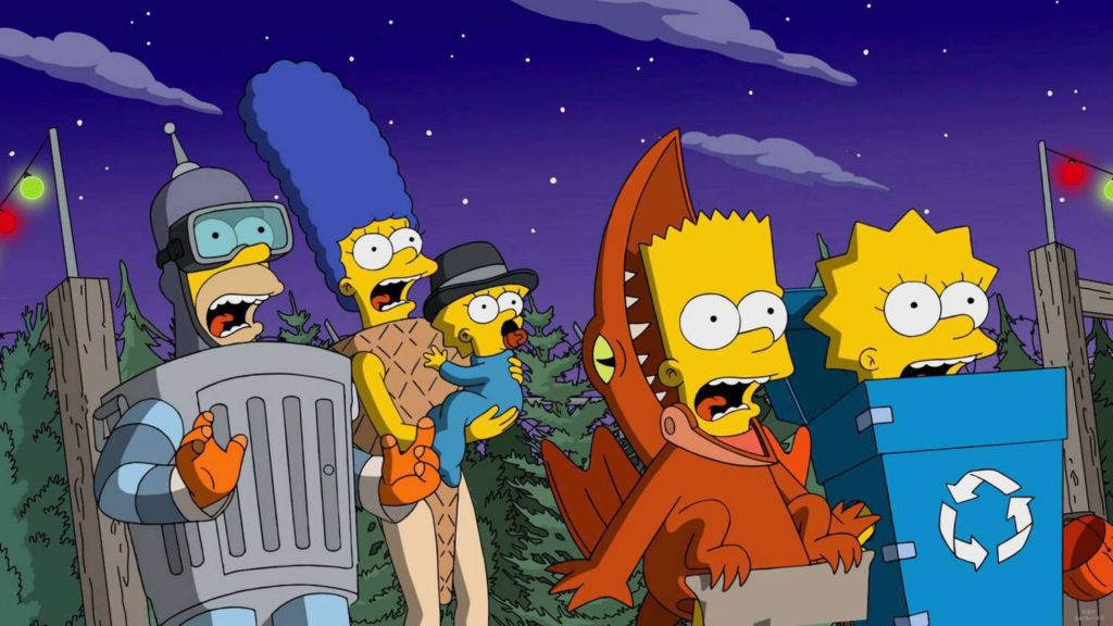 Personagens infantis fantasiados em Gostosuras ou Travessuras de Halloween. Simpsons.