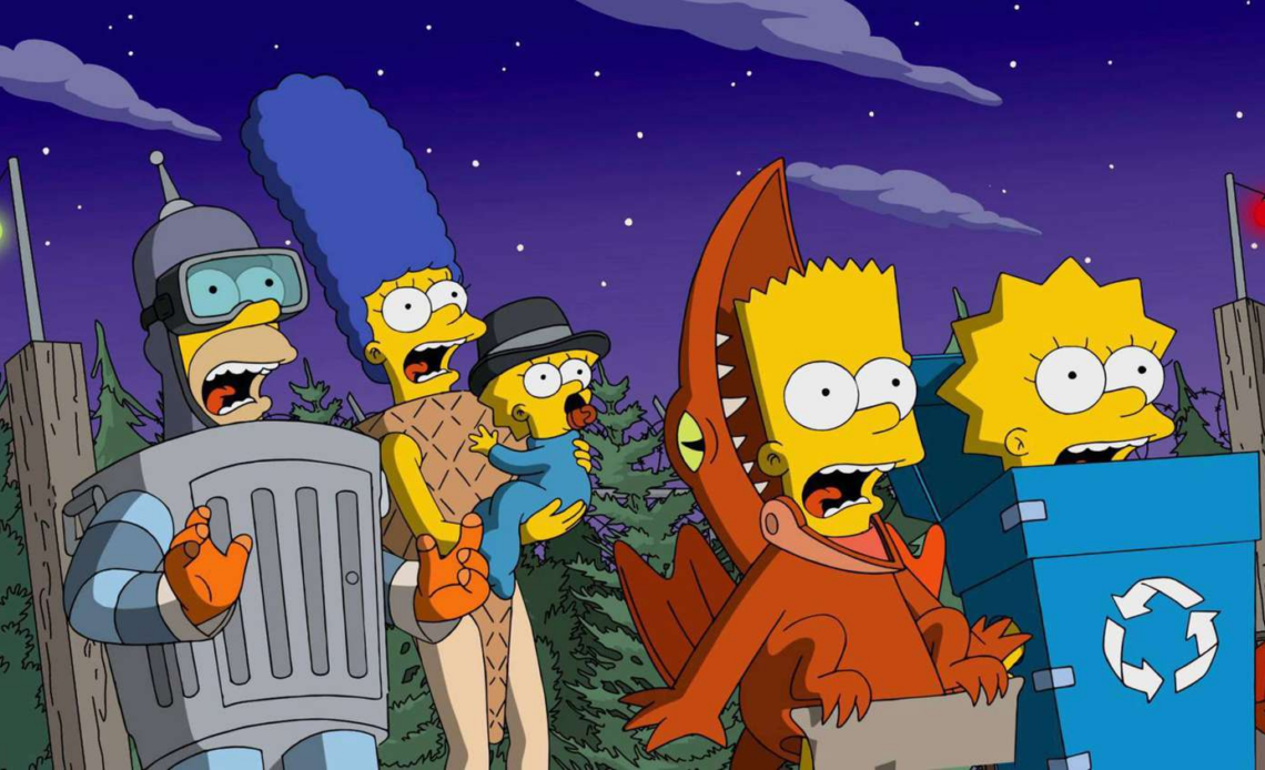 Personagens infantis fantasiados em Gostosuras ou Travessuras de Halloween. Simpsons.