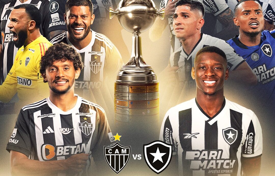 Jogadores de Botafogo e Atlético Mineiro com troféu da Libertadores ao centro, final da Libertadores 2024 em Buenos Aires.