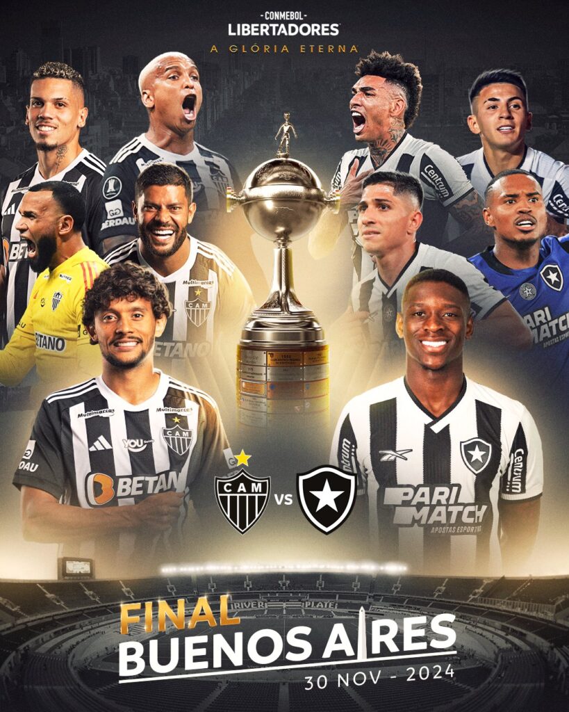 Jogadores de Botafogo e Atlético Mineiro com troféu da Libertadores ao centro, final da Libertadores 2024 em Buenos Aires.