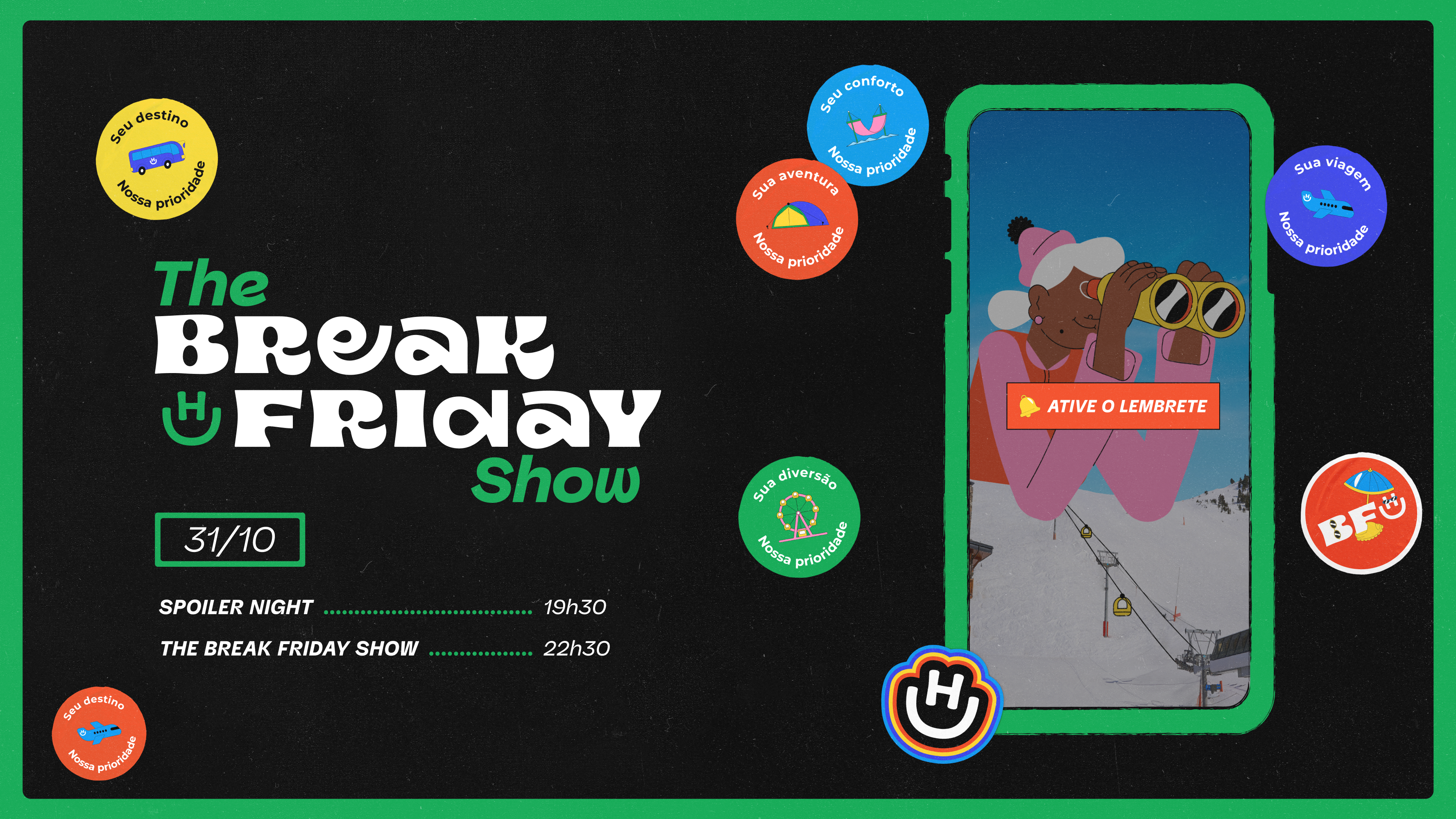 Capa da Live Shop de Break Friday Hurb com o tema "The Break Friday Show", destacando data, horários e elementos de viagem, como conforto e diversão.