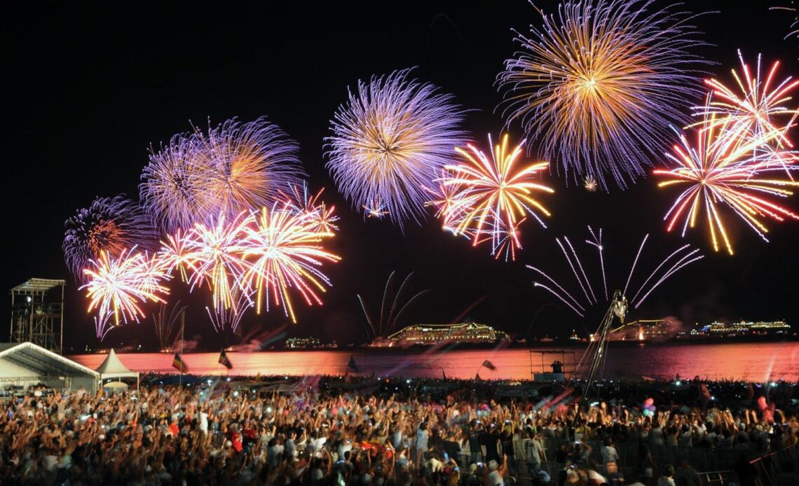 Imagem da queima de fogos de artifício no Réveillon, com vista para a praia e multidão celebrando a virada de Ano Novo em um dos melhores destinos de Réveillon do Brasil.