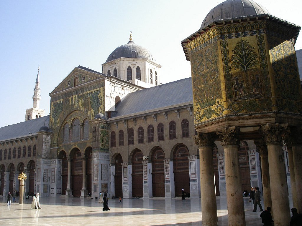 Grande Mesquita de Damasco, na Cidade Antiga de Damasco, um patrimônio mundial em risco de extinção reconhecido pela UNESCO.