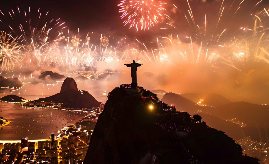 Fogos de artifício iluminam o céu do Rio de Janeiro durante o Réveillon 2025, com destaque para o Cristo Redentor e a Baía de Guanabara.