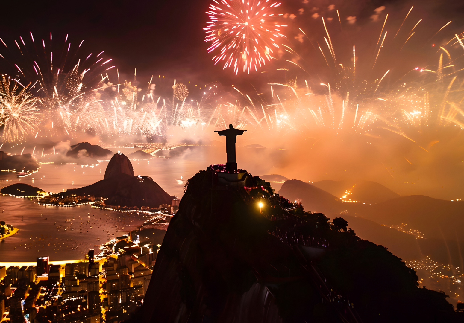 Fogos de artifício iluminam o céu do Rio de Janeiro durante o Réveillon 2025, com destaque para o Cristo Redentor e a Baía de Guanabara.