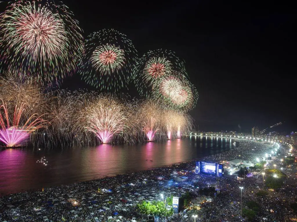 Fogos de artifício coloridos iluminando o céu sobre a Praia de Copacabana no Réveillon, com uma multidão celebrando a virada do ano.